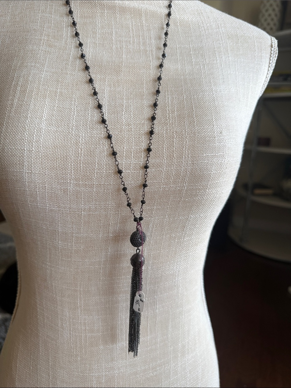 15” Drop Long Black Beaded Tassel Necklace